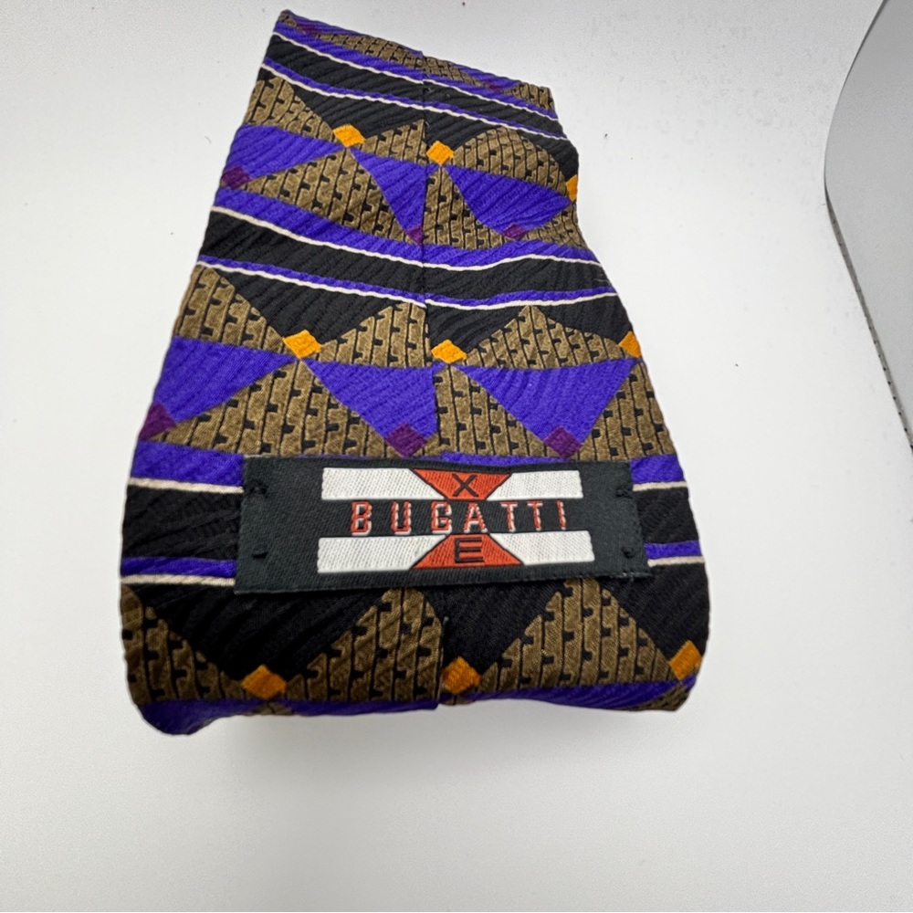 Bugatti 100% Silk‎ Mens Tie Green Black Purple Geometric Shapes Textured USA - Picture 2 of 6
